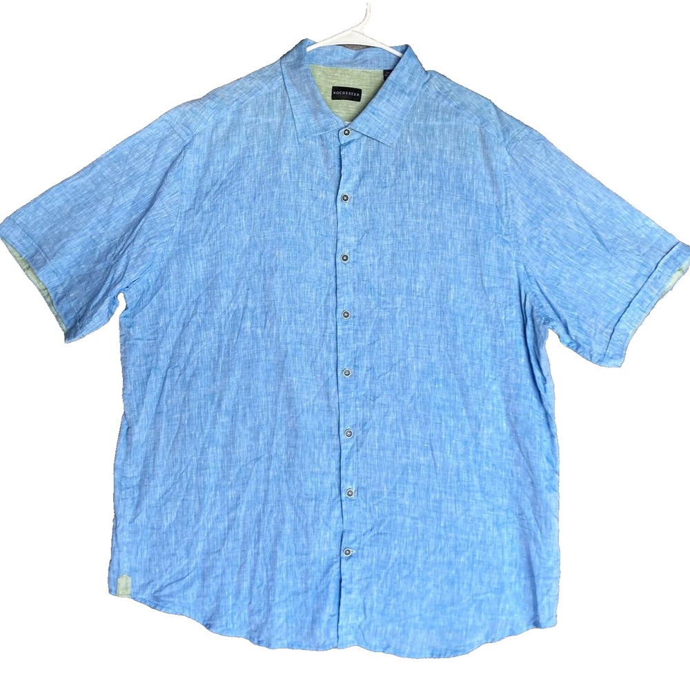 Rochester Pure Linen Shirt Men 1XL 1X XL Aqua Blue Button Up Camp Casual Outdoor